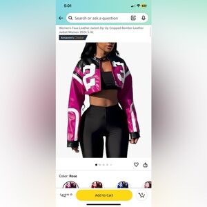 NEW, Women's Pink & Black Cropped Faux Leather Bomber Jacket